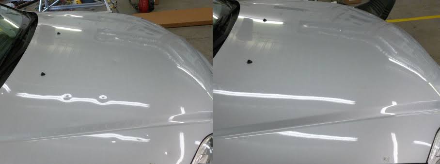 Before and after comparison of a silver fender showing dents removed and the reflection line straightened