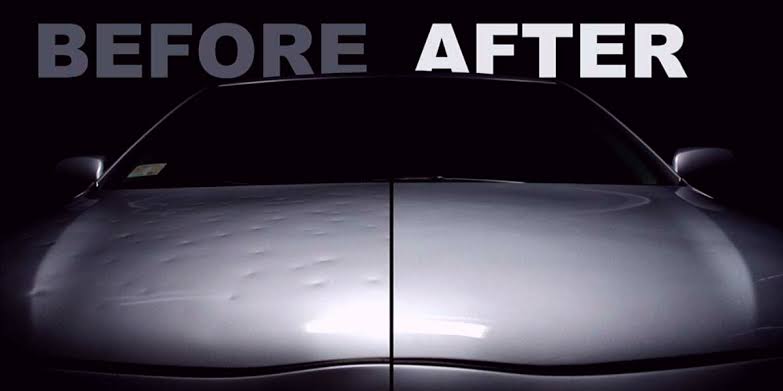 Split image of a car hood: the left side covered in hail dents, the right side smooth after paintless dent repair